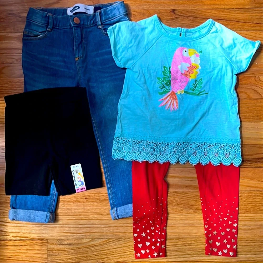 Girls 3T Lot Old Navy Boyfriend Jeans Biker Shorts Star Legging Toucan Lace Trim